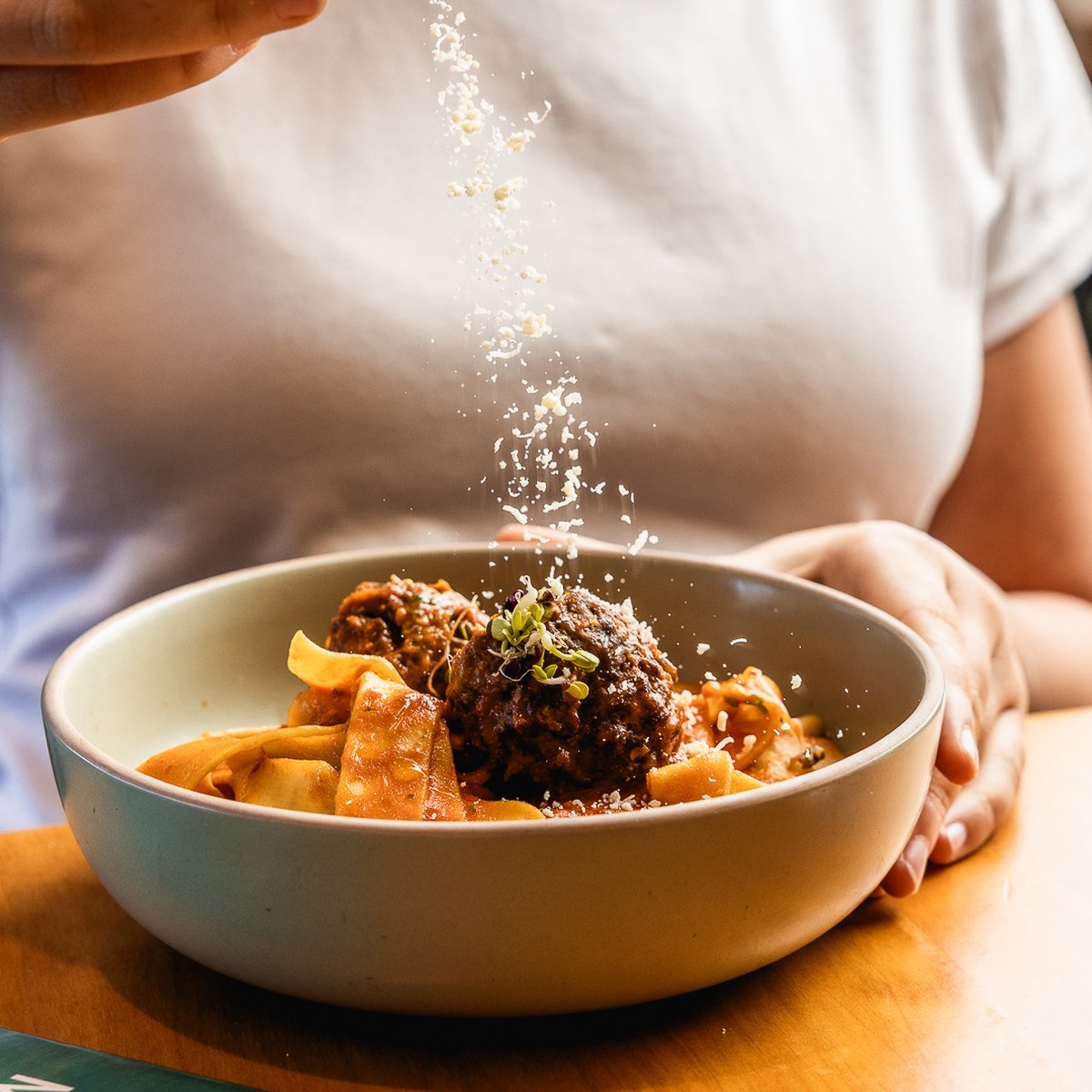 Pappardelle with meatballs and parmesan at Belliney's Ristorante & Bar, Ryde